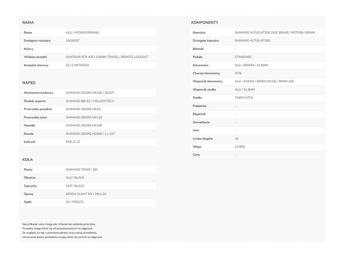 ROWER MTB TABOU WIZZ 5.0 RAMA 20" KOŁA 29" DEORE 2X10 SR SUNTOUR XCR AIR