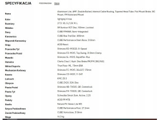 ROWER MTB CUBE ACCESS WS EXC RAMA XS 14 KOŁA 27,5" SHIMANO ACERA HYDRAULIKA