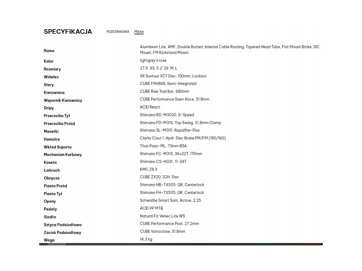 ROWER MTB CUBE ACCESS WS EXC RAMA XS 14 KOŁA 27,5" SHIMANO ACERA HYDRAULIKA